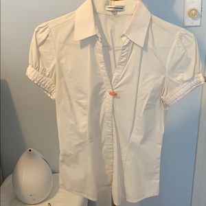 Short Sleeve White Button Down w Buckle Detail